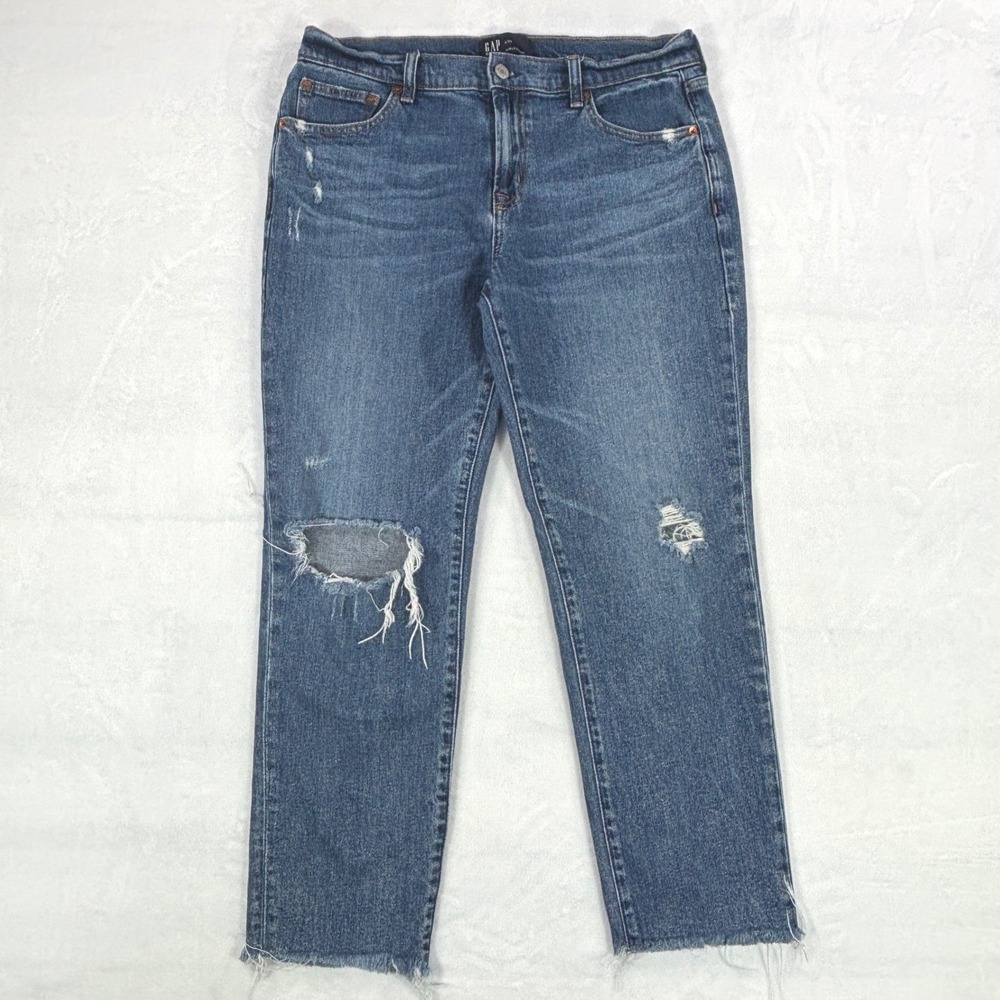 Gap Denim Girlfriend Jeans Womens 8/29 Medium Wash Distressed Raw Hem Mid Rise